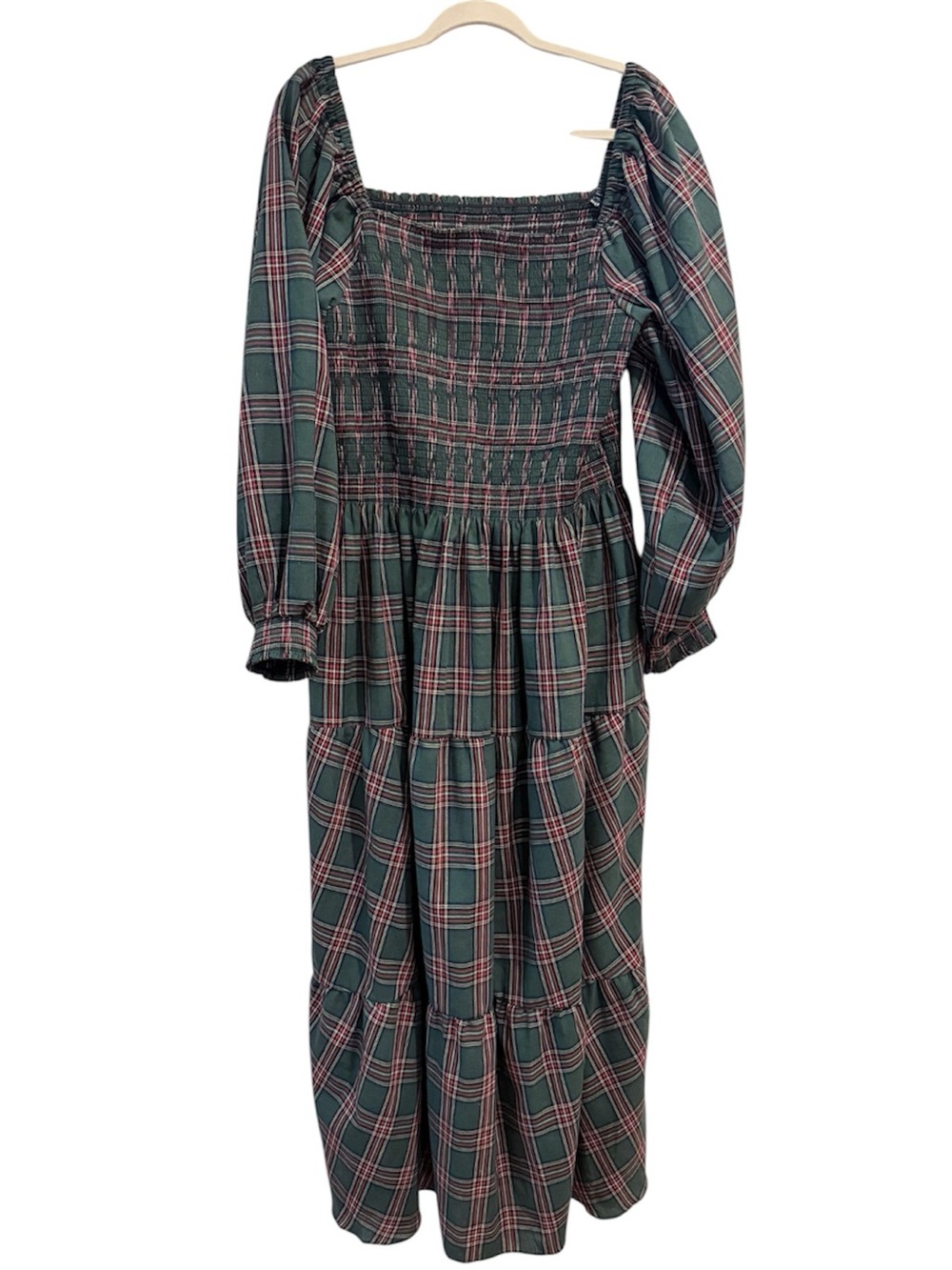 Saving Grace Smocks Forest Green Plaid Smocked Maxi Dress with Long Puff Sleeves